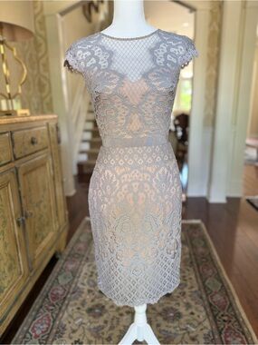 Gray Lace Cap-Sleeve Mini Dress
